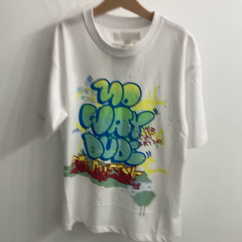 Zara White and Blue Short Sleeve Tee with Graffiti Design